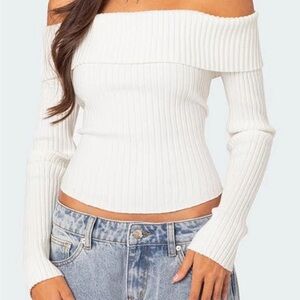 Edikted White Off-the-Shoulder Sweater Ribbed Knit